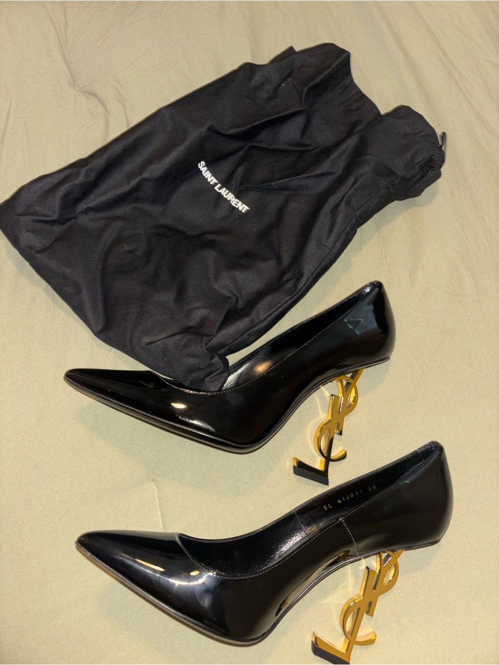 Saint Laurent Black Patent Pumps with Gold YSL Logo Heels - Picture 3 of 7